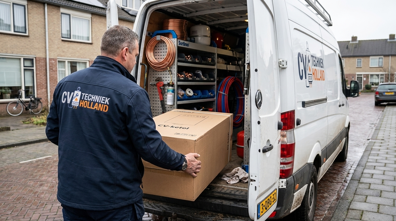 Monteur laadt nieuwe CV-ketel uit de servicebus